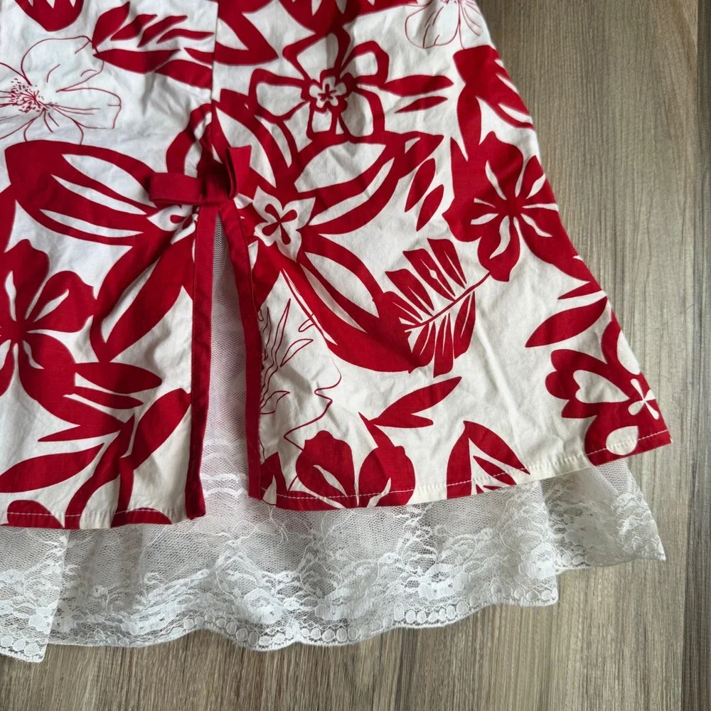 Vintage Byer California IZ Red White Tropical Floral Strapless Lace Trim Dress 9 - Picture 3 of 8